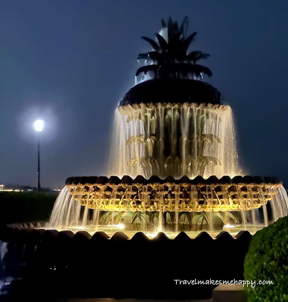 charleston pineapple fountain at night on ghost tour