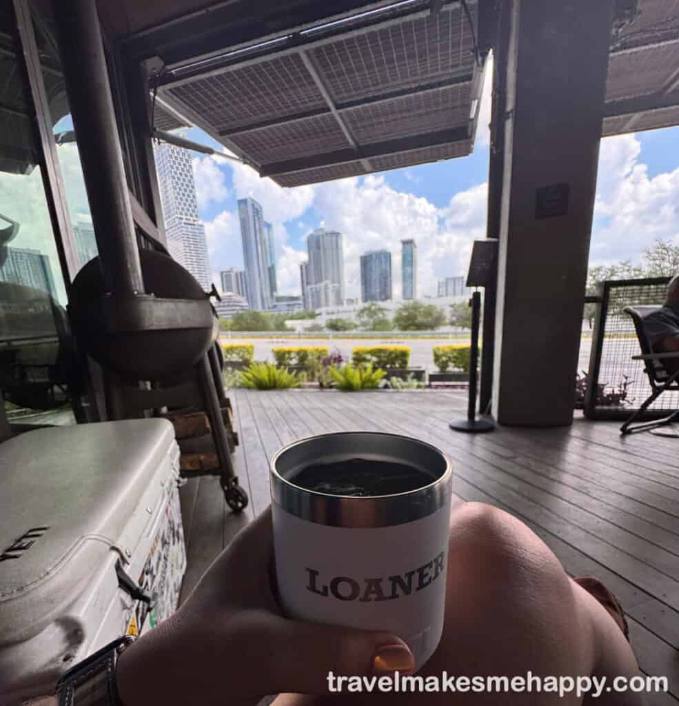 view from yeti flagship store porch bar with austin skyline in the background